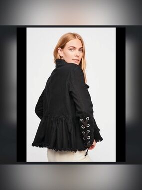 Free People Willow Black Lace-Up Bohemian Goths Peplum Denim Jacket Size S